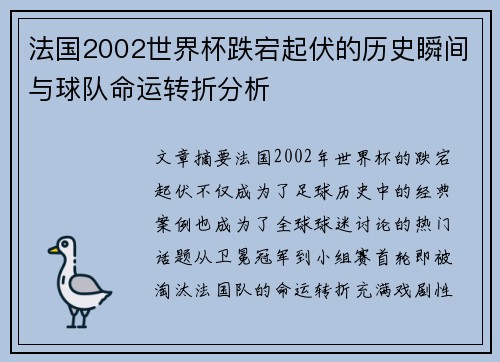 法国2002世界杯跌宕起伏的历史瞬间与球队命运转折分析
