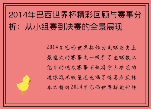 2014年巴西世界杯精彩回顾与赛事分析：从小组赛到决赛的全景展现